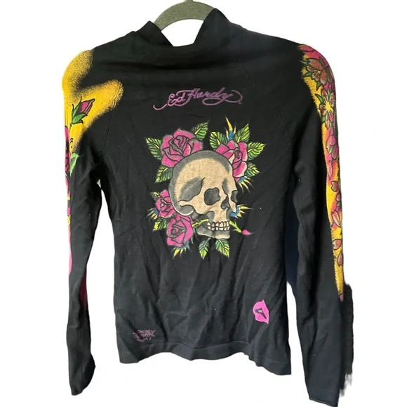 Ed Hardy Graphic Knit Zip Up Sweater Top
